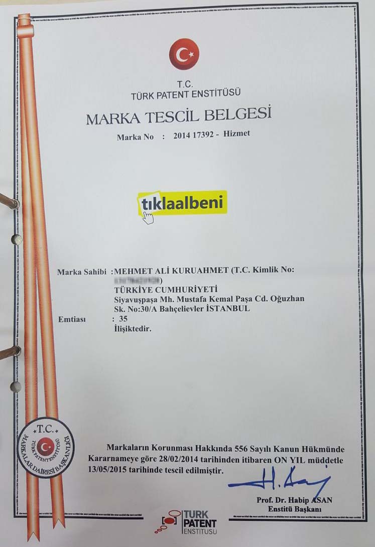 Tıklaalbeni Marka Tescil Belgesi